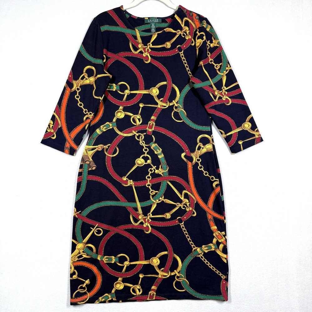 Lauren Ralph Lauren Dress Womens Medium Equestrian Chain Horsebit Print Navy